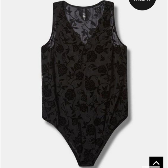 Torrid Flocked Mesh V-Neck Bodysuit Flocked Roses Floral Rich Black - Picture 3 of 7